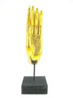 Eine goldene linke XL Hand Buddha´s aus Echtholz - Sockel